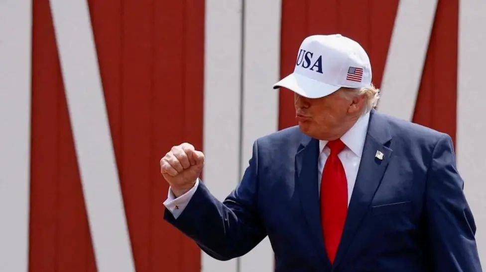 President Trump wearing a cap that says 'USA', with his fist in the air